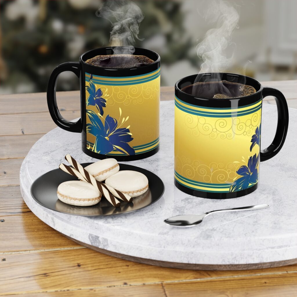 black coffee mug “Blue and Yellow Lilies”