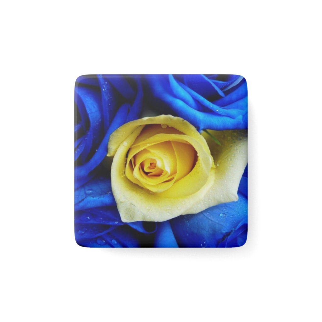 porcelain magnet, square “Blue-yellow roses”