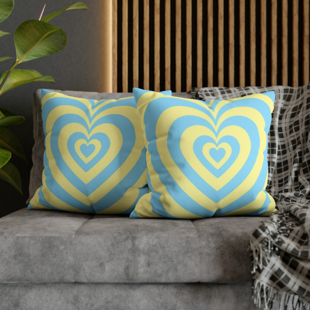 faux suede square pillow case “Blue-yellow heart”