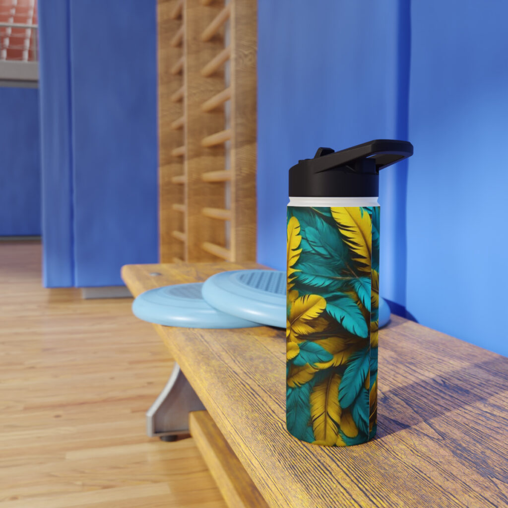 stainless steel water bottle, standard lid “Blue and Yellow Feathers”