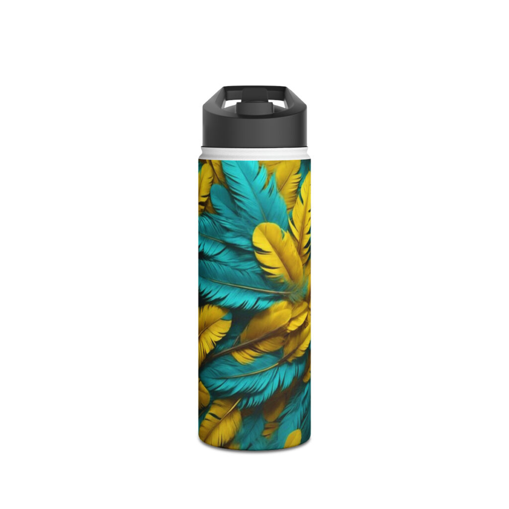 stainless steel water bottle, standard lid “Blue and Yellow Feathers”