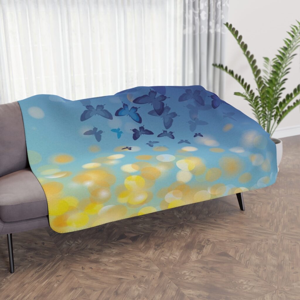 tan sherpa blanket “Blue and Yellow Butterflies”