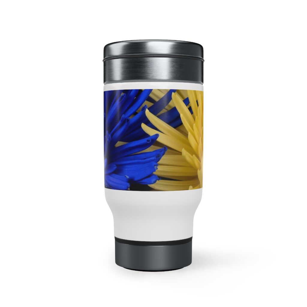 stainless steel travel mug with handle “Blue-yellow flowers”